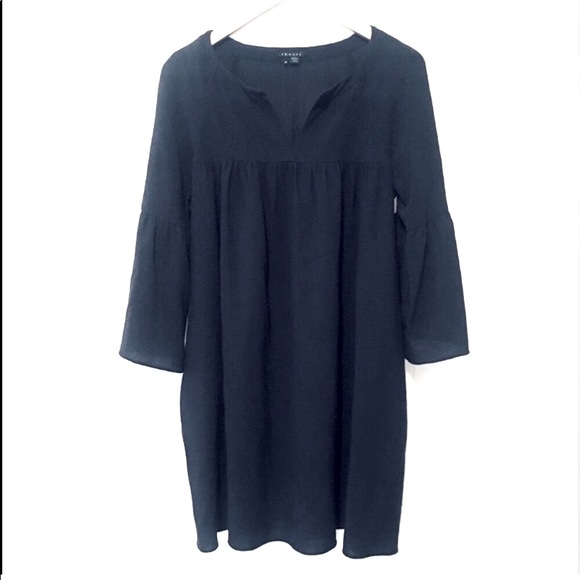 Theory Wool Crepe Navy Babydoll Split Neck Dress w/ Bell Sleeves Medium - Picture 1 of 4